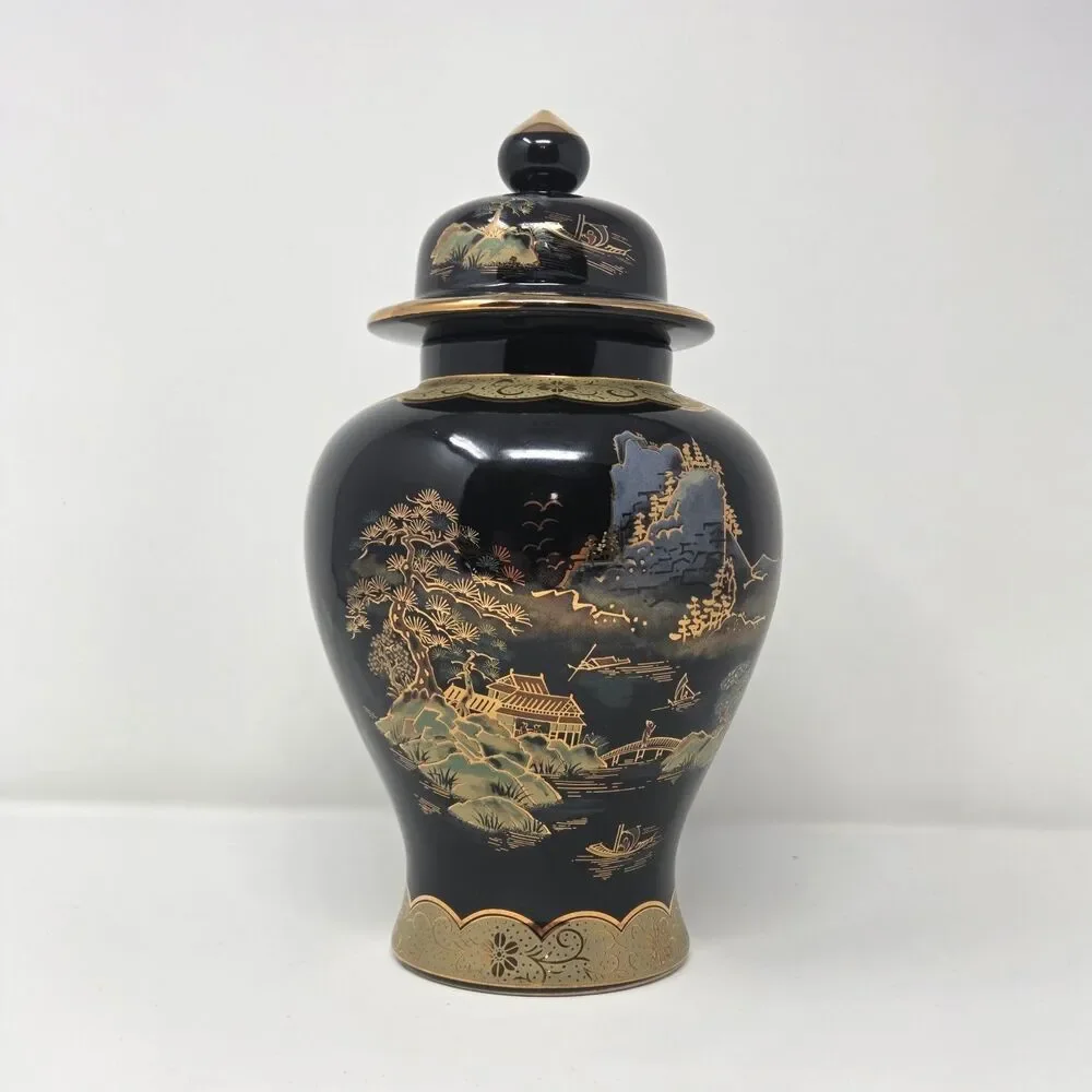 Vintage‎ Japanese Black Gold Ginger Jar Lidded Urn Scenic Landscape Decor